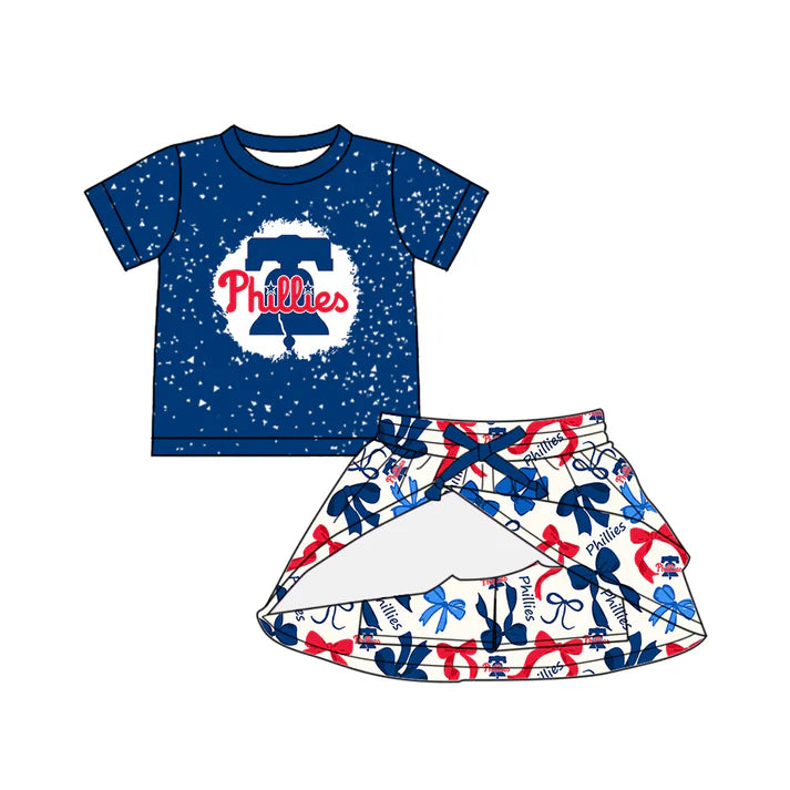 Preorder (moq 5)Baby Girls Blue Short Sleeves Phillies Top Bows Plaid Skorts Team Set 6.14