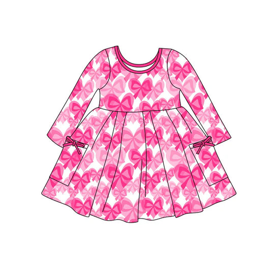 Preorder(moq 5) Baby Girls Pink Bows Plaid Pockets Valentine Knee Length Dresses 11.4