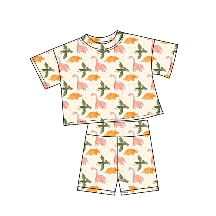 Preorder (moq 5)Baby Girls Colorful Dinosaurs Polka Dots Top Shorts Clothes Sets 12.6