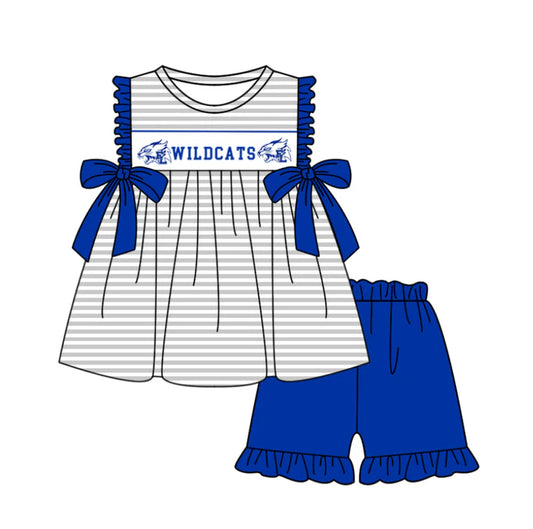 Preorder (moq 5)Baby Girls Wildcats Bows Stripe Tunic Ruffle Shorts Team Clothes Sets 12.5