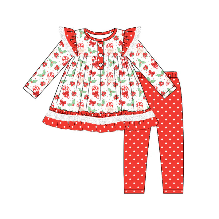Preorder (moq 5)Baby Girls Long Sleeves Bows Candy Cane Button Tunic Polka Dots Legging Pant Set 6.21