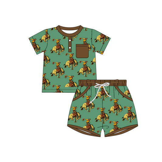 Preorder(moq 5) Baby Boys Green Horse Rodeos Button Top Pocket Shorts Western Clothes Sets 10.28