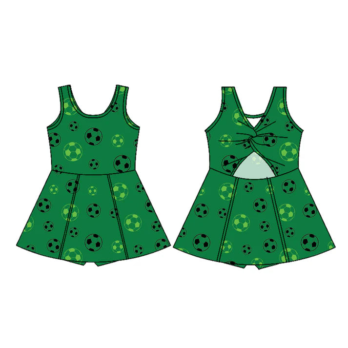 Preorder (moq 5)Baby Girls Dark Green Footballs Team Shorts Knee Length Dresses 12.1