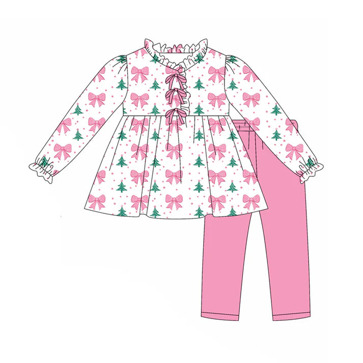 preorder(moq 5) Baby Girls Pink Bows Polka Dots Christmas Trees Tunic Legging Pants Set 7.25