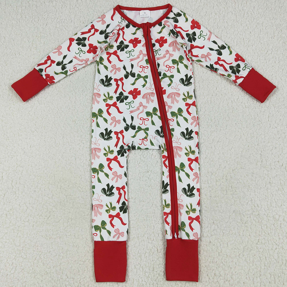 Baby Girls Rompers Christmas Red Green Bows Zipper Footie Rompers LR2203 6.24