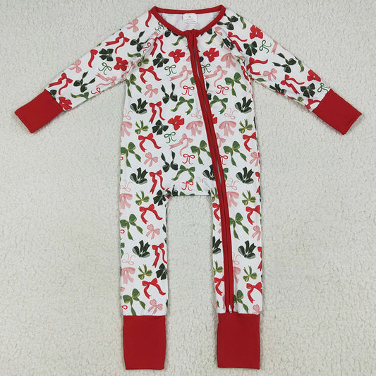 Baby Girls Rompers Christmas Red Green Bows Zipper Footie Rompers LR2203 6.24