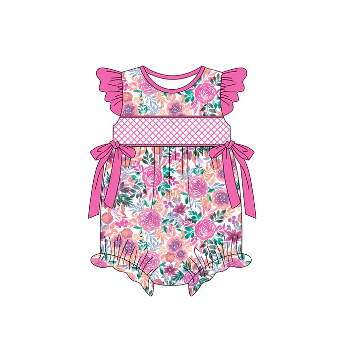 Preorder (moq 5)Baby Girls Hot Pink Flutter Sleeves Floral Bows Ruffle Rompers 4.26