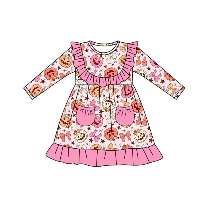Preorder moq 5 Baby Girls Long Sleeves Pink Pockets Pumpkins Bows Knee Length Dresses 5.8
