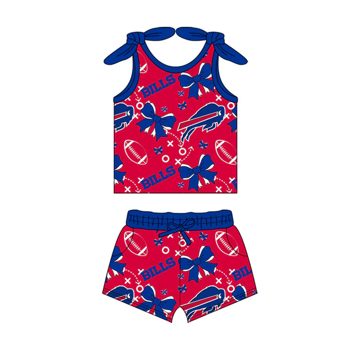 Preorder MOQ 5 pcs sleeveless blue bow red kids girls team outfits 8.28