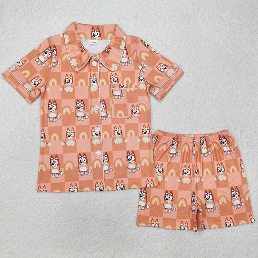 Adult Women Pajamas Dogs Checkered Rainbow Buttons Tops Shorts Pajamas GSSO1804