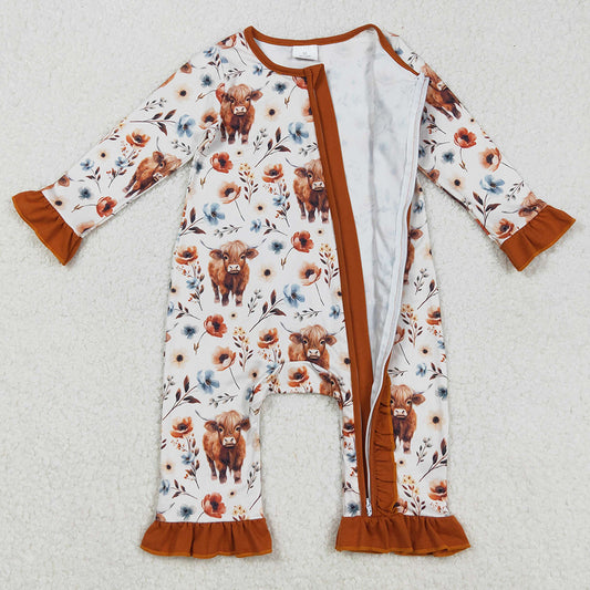 Baby Infant Girls Rompers Western Highland Cow Flowers Zip Rompers LR1624 9.1