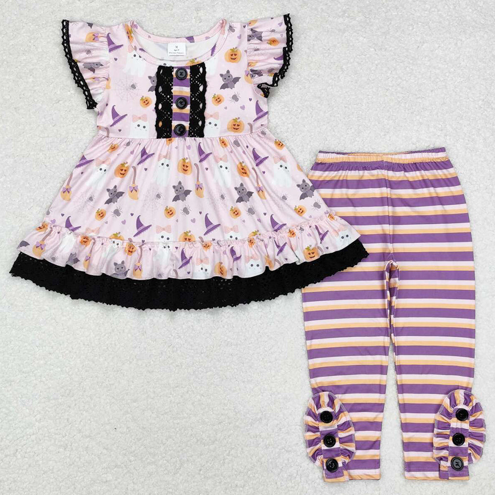 Baby Girls Clothes Halloween Pumpkin Bats Tunic Tops Legging Pants Sets GSPO1668