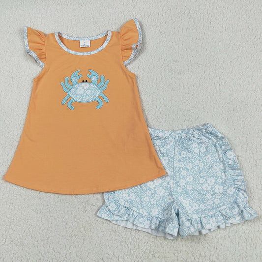 Baby Girls Clothes Orange Crab Embroidery Tunic Tops Floral Ruffle Shorts Sets GSSO2555 5.16