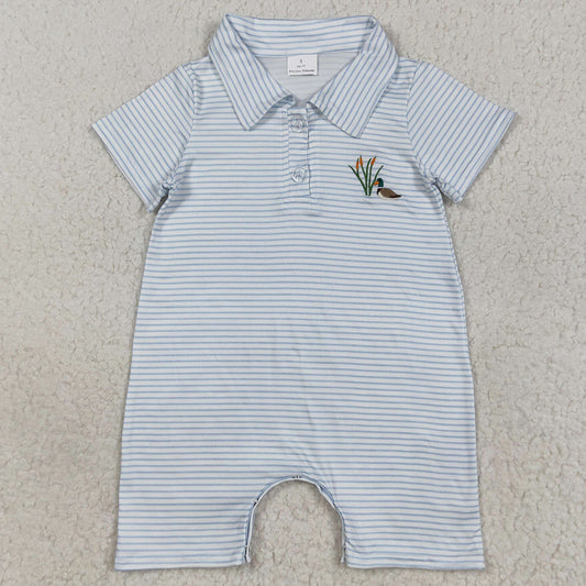 Embroidery Baby Boys Rompers Blue Stripe Short Sleeves Duck Button Shorts Rompers SR3149 7.18