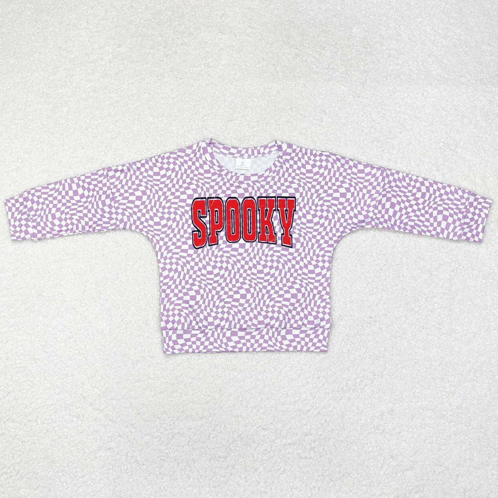 Baby Girls Tops Halloween Lavender Checkered Spooky Long Sleeve Tee Shirts Tops GT0716