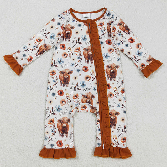 Baby Infant Girls Rompers Western Highland Cow Flowers Zip Rompers LR1624 9.1