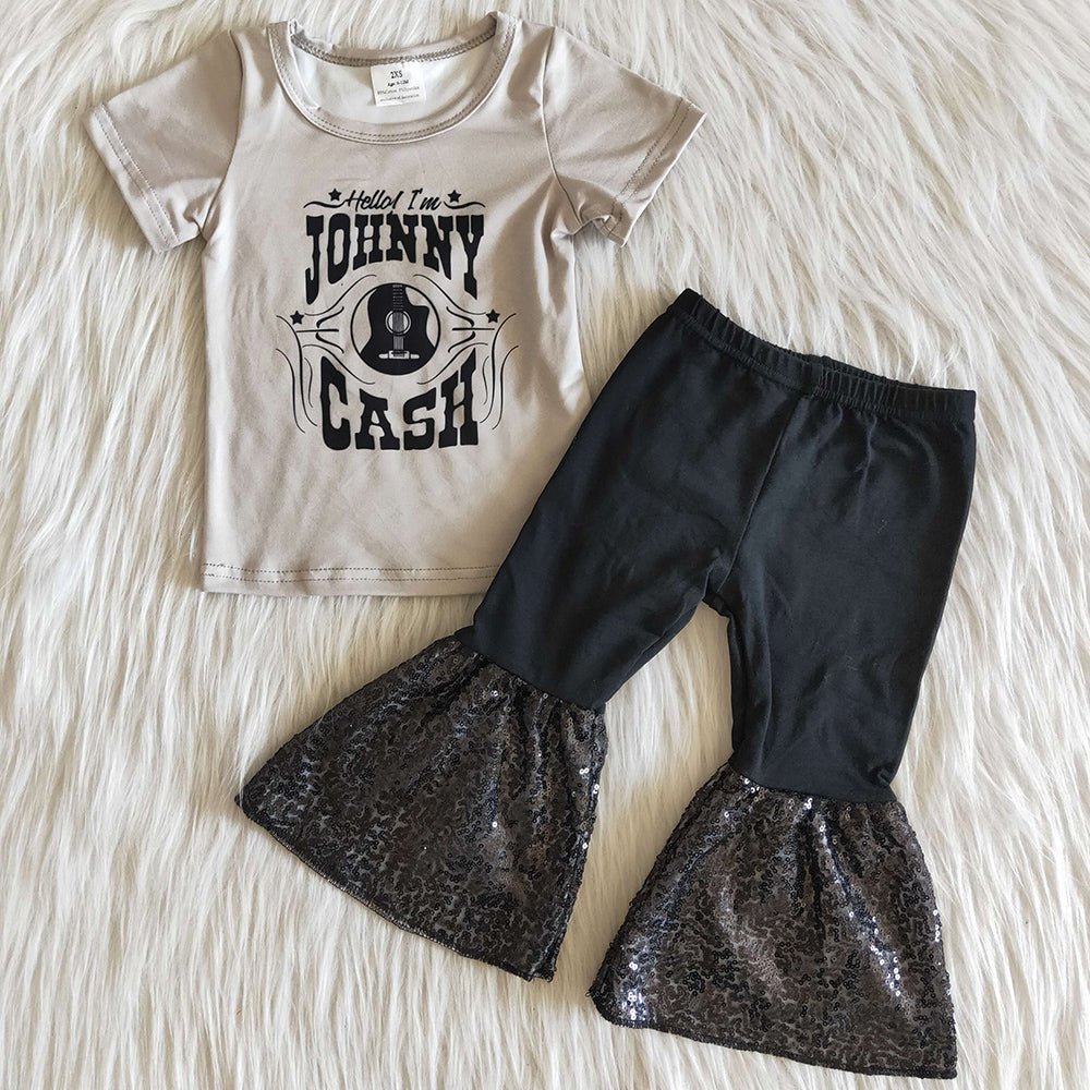 Hot Sale Girls Clothing Short Sleeve Sequins Bell Bottom Pants