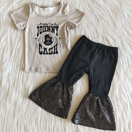 Hot Sale Girls Clothing Short Sleeve Sequins Bell Bottom Pants