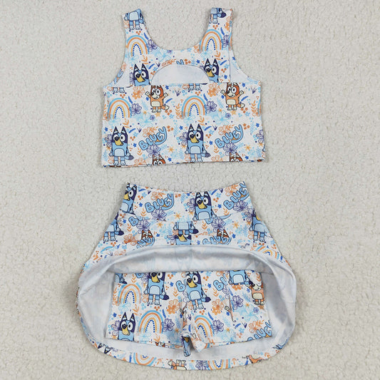 Baby Girls Clothes Sleeveless Cartoon Dogs Rainbows Top Skort Yoga Sets GSD2469 5.1