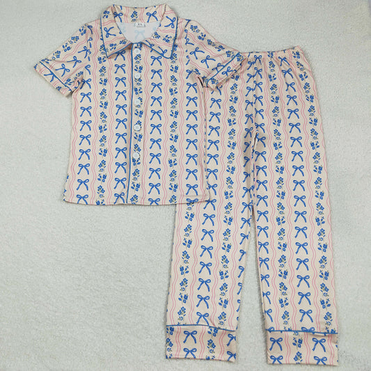 Adult Women Pajamas Blue Bows Flowers Stripe Button Top Pant Pajamas Sets GSPO2051 8.9