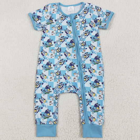 Baby Infant Boys Rompers Blue Checkered Dogs Short Sleeve Zip Rompers SR2454