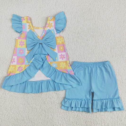 Baby Girls Clothes Blue Flutter Sleeves Flowers Plaid Tunic Ruffle Shorts Sets GSSO2623 5.23