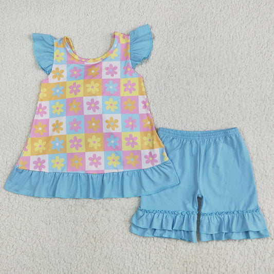 Baby Girls Clothes Blue Flutter Sleeves Flowers Plaid Tunic Ruffle Shorts Sets GSSO2623 5.23