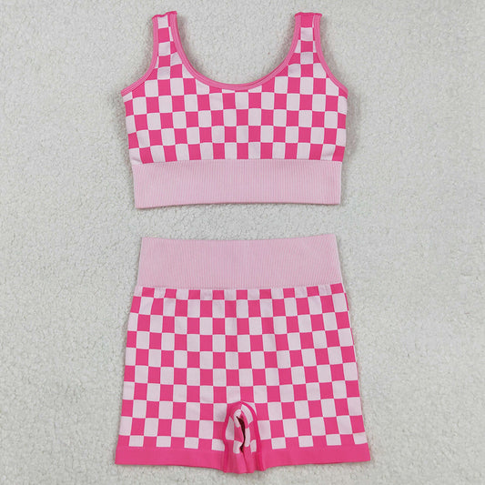 Adult Women Clothes Sleeveless Pink Plaid Vests Top Short Sets GSSO2704 9.1