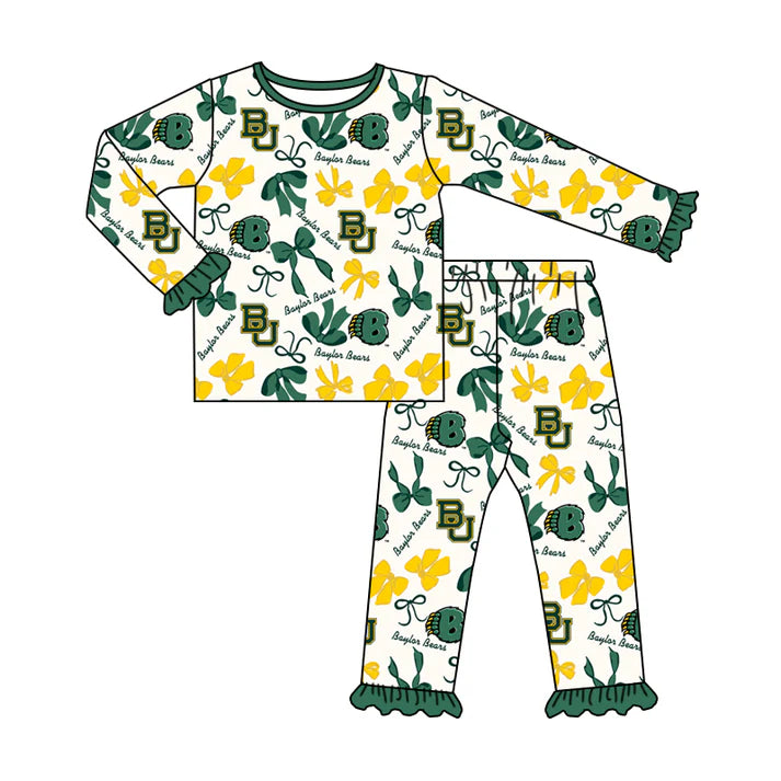 Preorder MOQ 5 Long sleeves B U green bows kids girls team pajamas 8.21