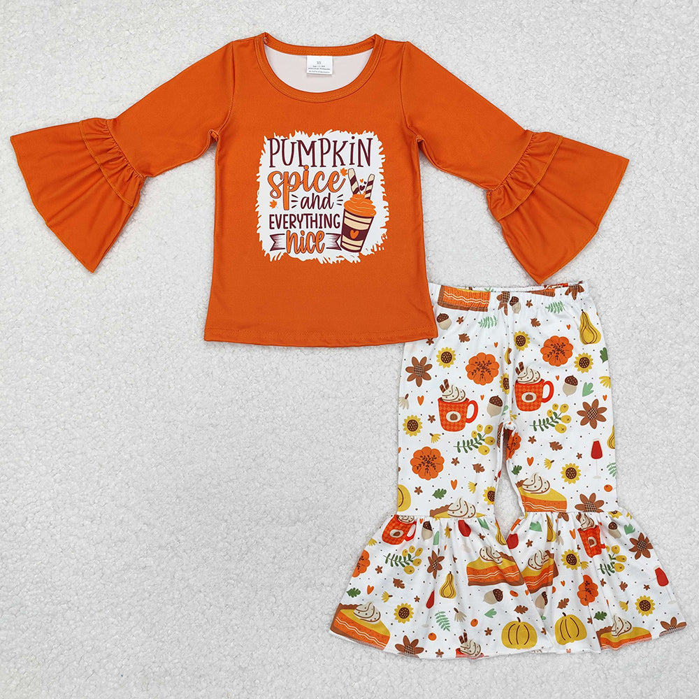 Baby Girls Clothes Orange Pumpkin Coffee Cups Top Bell Pants Sets GLP1637