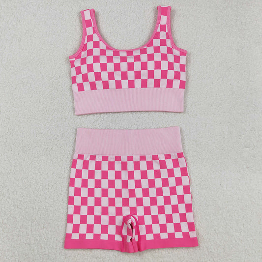 Adult Women Clothes Sleeveless Pink Plaid Vests Top Short Sets GSSO2704 9.1