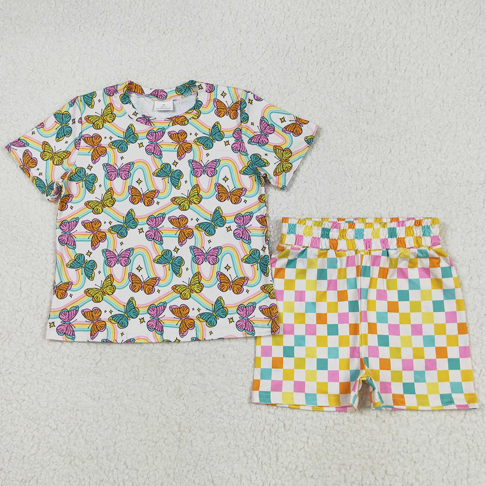 Baby Girls Clothes Short Sleeves Butterfly Rainbows Top Colorful Plaid Shorts Sets GSSO2615 5.26