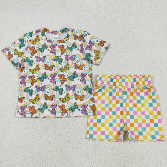 Baby Girls Clothes Short Sleeves Butterfly Rainbows Top Colorful Plaid Shorts Sets GSSO2615 5.26