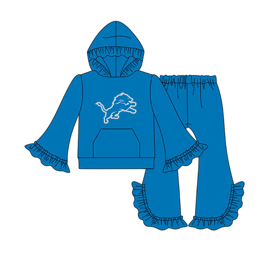 Preorder(moq 5)Baby Girls Blue Tigers Pocket Hoodie Bell Bottom Pants Team Clothes Sets 12.17