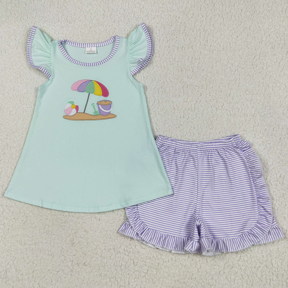 Baby Girls Clothes Flutter Sleeves Beach Embroidery Tunic Lavender Stripe Shorts Sets GSSO2553 5.27
