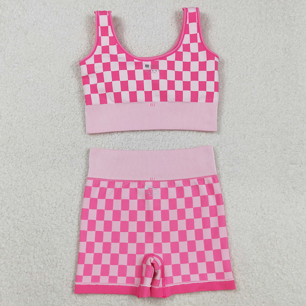 Adult Women Clothes Sleeveless Pink Plaid Vests Top Short Sets GSSO2704 9.1