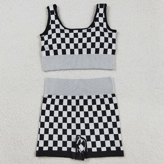 Adult Women Clothes Sleeveless Black Plaid Vests Top Short Sets GSSO2703 9.1