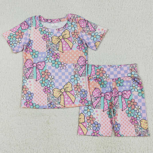 Baby Girls Clothes Pink Flowers Plaid Top Shorts Biking Sets GSSO2509 6.6