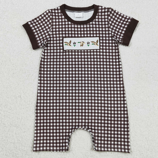 Embroidery Baby Boys Rompers Brown Plaid Short Sleeves Ducks Rompers SR3164 9.1