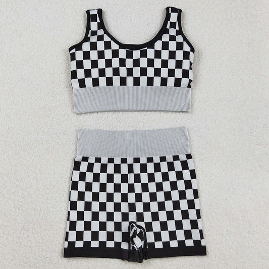 Adult Women Clothes Sleeveless Black Plaid Vests Top Short Sets GSSO2703 9.1