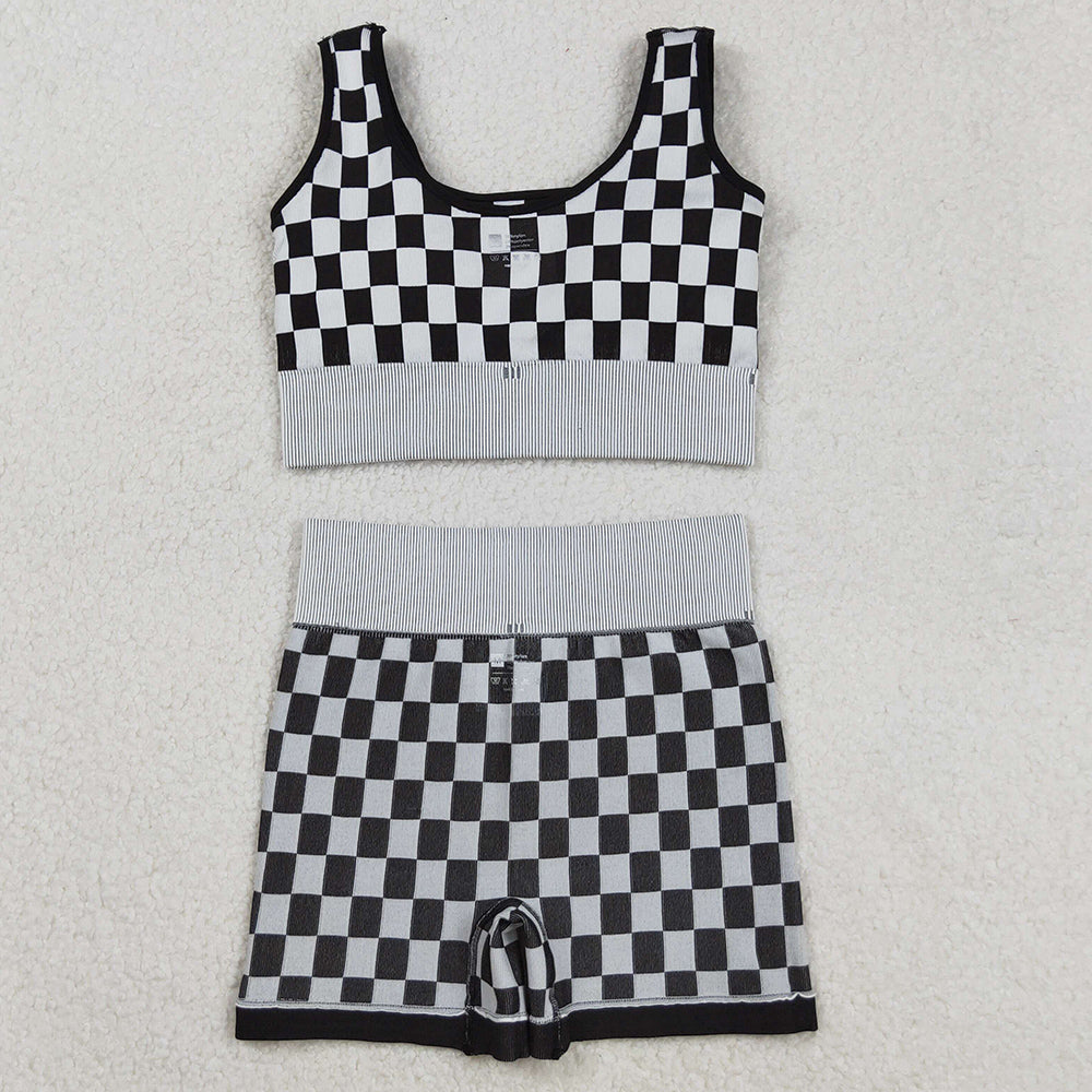 Adult Women Clothes Sleeveless Black Plaid Vests Top Short Sets GSSO2703 9.1