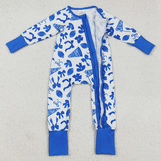 Baby Girls Rompers Blue Bows Cheer Footballs Ruffle Zipper Footie Rompers LR2511 9.2