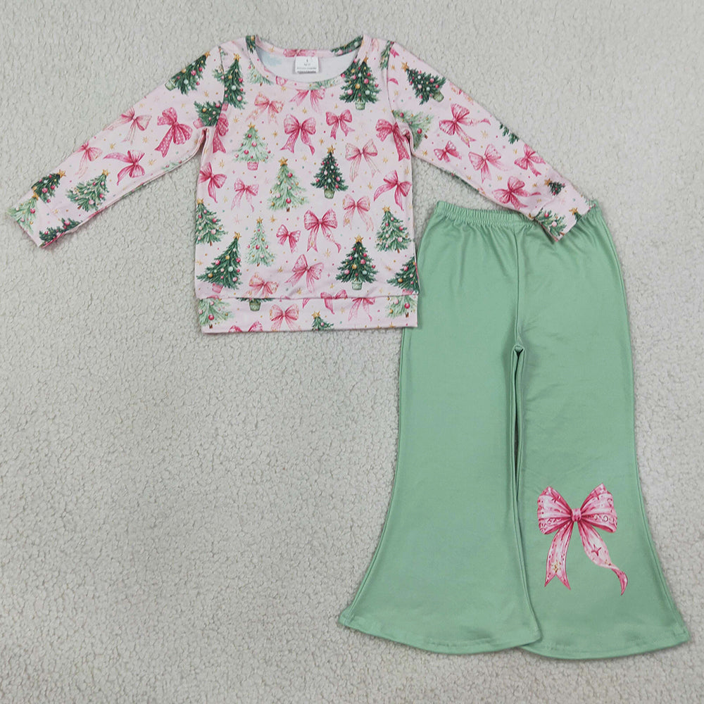 Baby Girls Clothes Pink Bows Trees Top Flare Pant Christmas Clothes Sets GLP3539