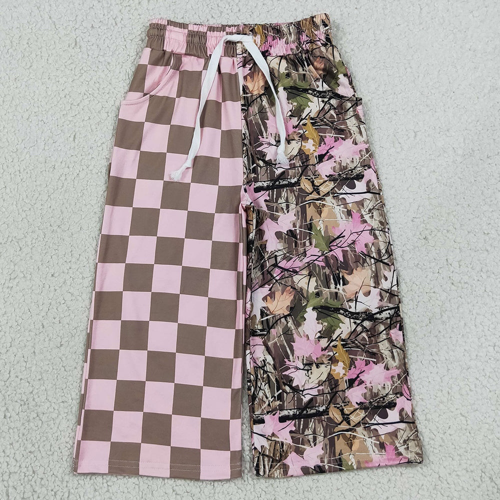Baby Girls Pink Checked Leaves Pockets Flare Pants Bottom P1093