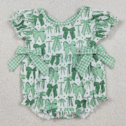 Baby Girls Bubbles Green Clovers St Patrick Bows Ruffle Rompers SR3305 12.10