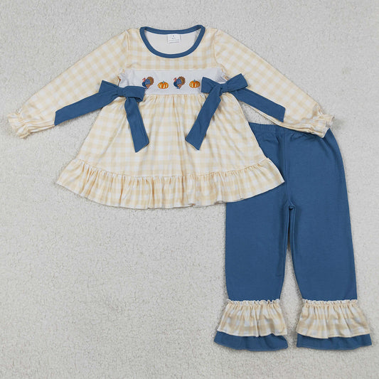 Baby Girls Clothes Thanksgiving Embroidery Turkey Pumpkins Bows Tunic Pants Sets GLP2594 9.9