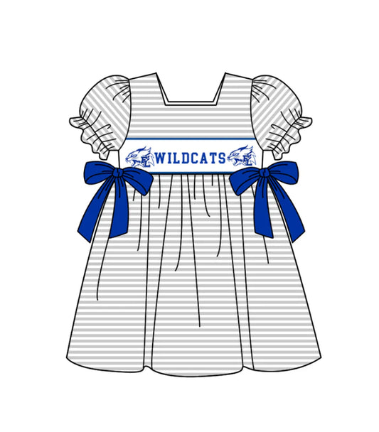 Preorder (moq 5)Baby Girls Wildcats Bows Stripe Team Knee Length Dresses 12.5