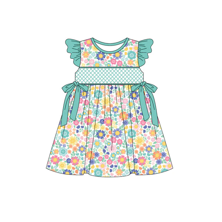 Preorder (moq 5)Baby Girls Green Flutter Sleeves Bows Colorful Floral Knee Length Dresses 5.15