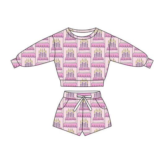 Preorder(moq 5) Baby Girls Pink Happy Birthday Day Cakes Long Sleeve Pockets Shorts Clothes Sets 10.27