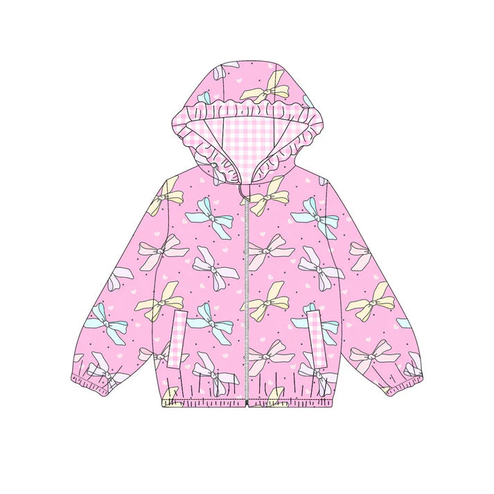 Preorder (moq 8)Baby Girls Pink Hearts Bows Pocket Zipper Valentine Ruffle Hoodies Jackets Top 9.23